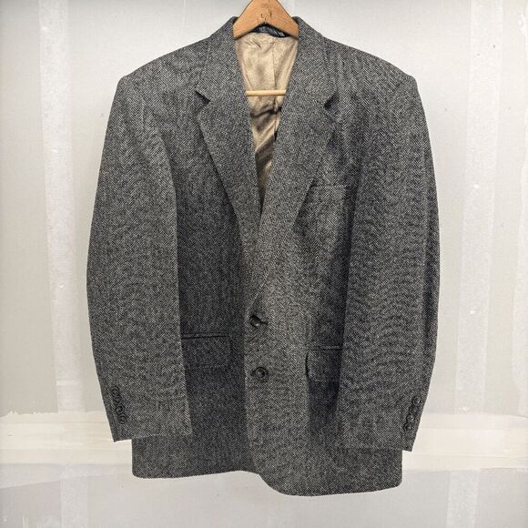 Lands End Men Black Gray Sport Coat HERRINGBONE Jacket Lambs Wool Tweed Blazer